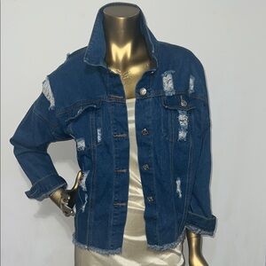 Blue Distressed Jean Jacket with Classic Collar